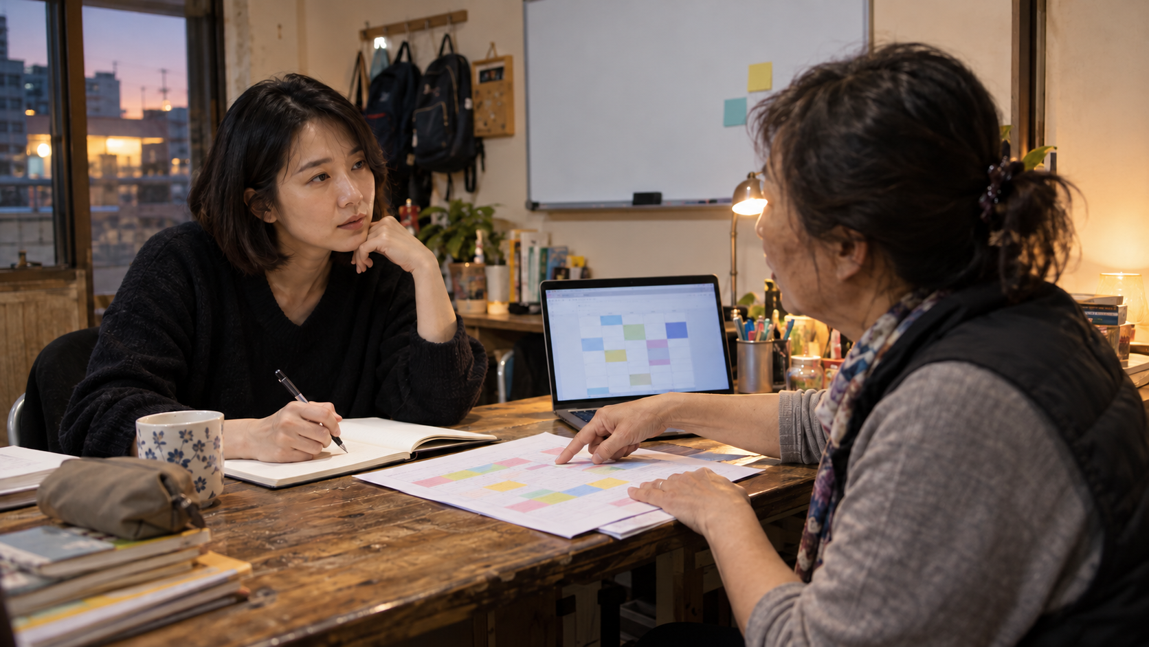創業者在台灣補習班訪談老師並對照課表與原型畫面的 AI 情境示意照。