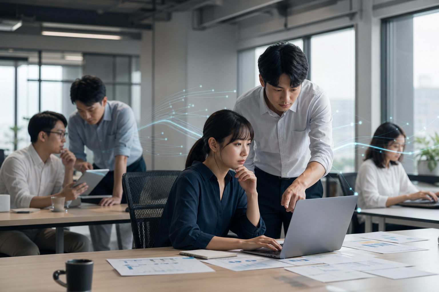 Visualize Taiwanese business workers using AI to break down task steps in a professional office, highlighting collaboration and data flow.