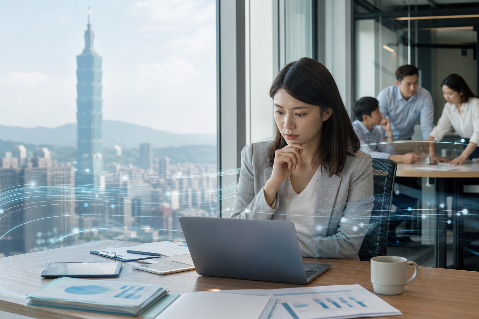 Illustration of a Taiwanese solo entrepreneur outsourcing video editing, highlighting meticulous SOP documentation in a realistic office setting with data flow and digital collaboration cues