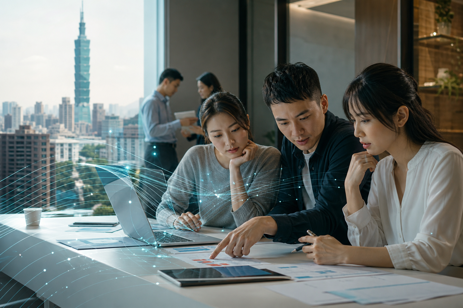 A realistic scene of Taiwanese business professionals collaborating in an office setting, utilizing AI research tools with visible data-flow cues in a commercial context, suitable as editorial hero image for an article about distinguishing free, subscription, and API versions of AI tools.