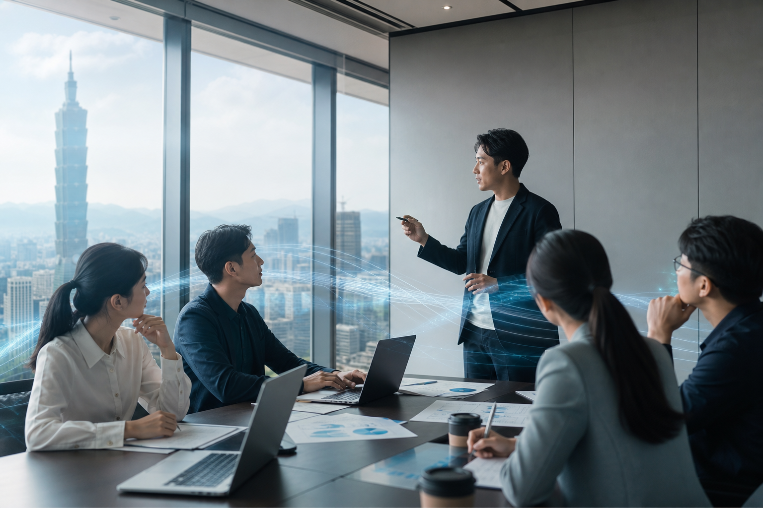 Editorial hero image showing Taiwanese small to medium business professionals evaluating AI new features in a modern workplace with data flow visual cues to reflect business usage and AI integration.