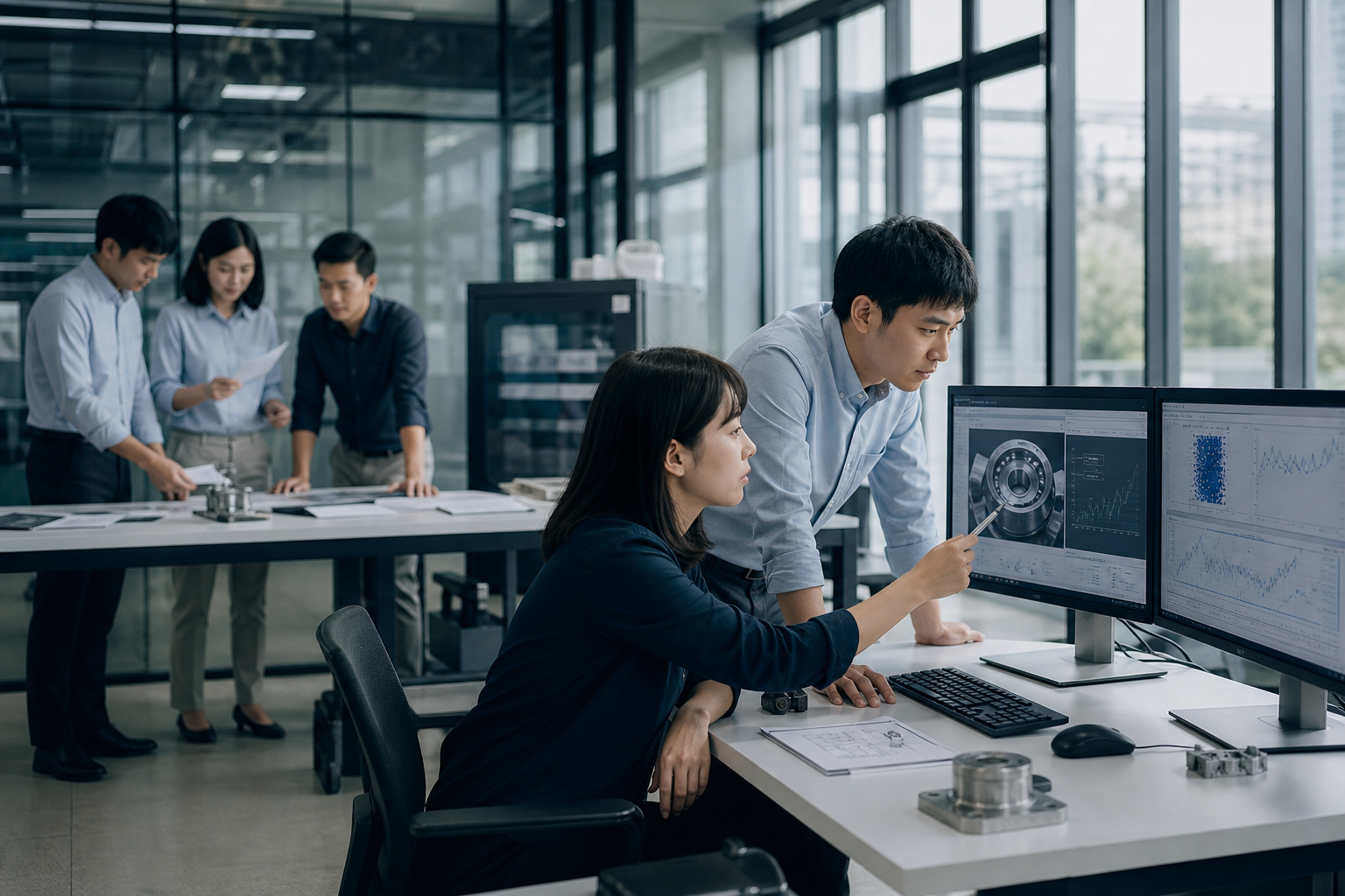 Illustration of Taiwanese business professionals conducting AI tool quality inspection in a realistic workplace