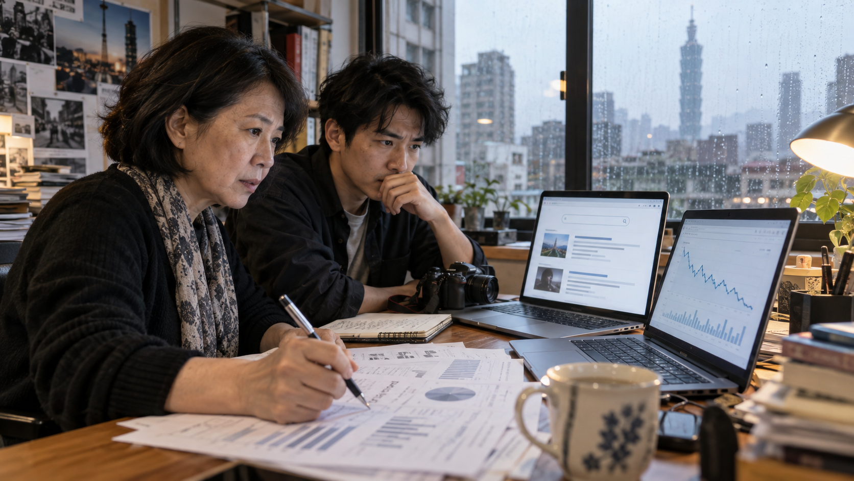 台北編輯在雨天檢查搜尋結果與網站流量圖表的 AI 情境示意照。