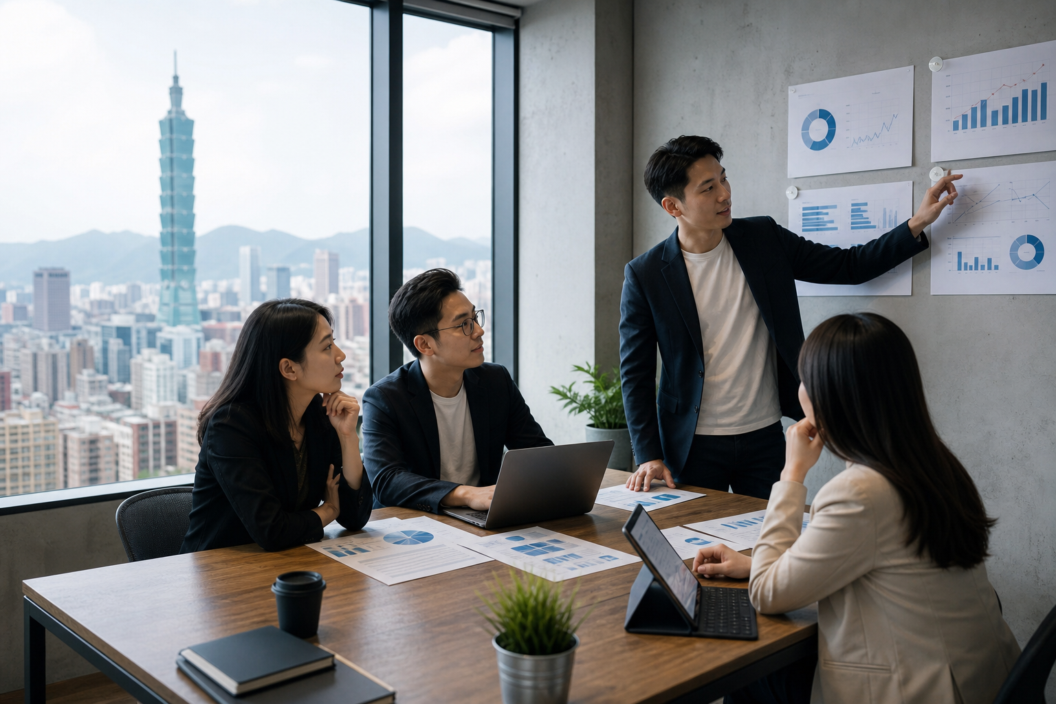Visualize a realistic Taiwan-based marketing team in a modern office environment actively evaluating SEO KPIs with data flow elements and digital marketing context relevant to business strategy.