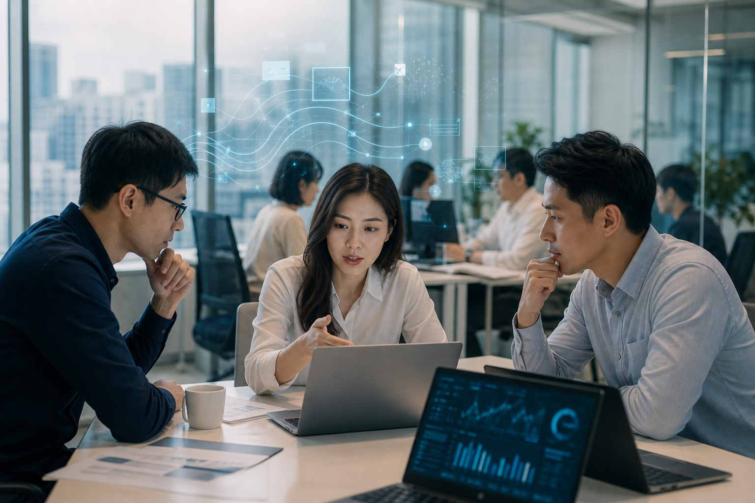 Hero image depicting Taiwanese business professionals interacting in a commercial office using AI-powered customer service automation, emphasizing data flow and human review in a realistic workplace.