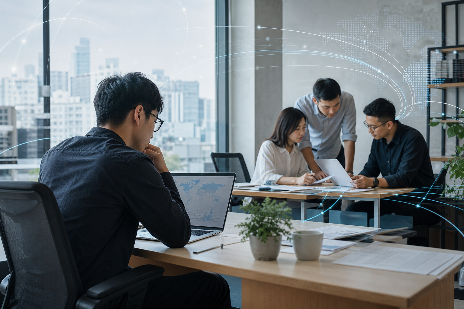 Taiwanese East Asian business workers discussing SOPs for outsourcing data organization in a modern office with subtle data flow graphics
