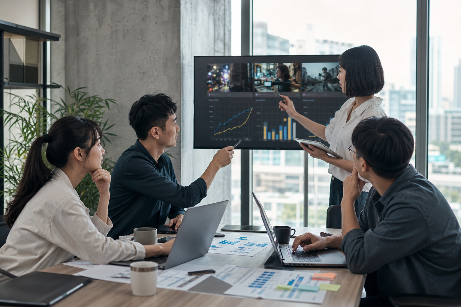 A realistic Taiwanese marketing team analyzing KPI data of short videos in a modern office, with visual data-flow elements subtly present to convey business insights.