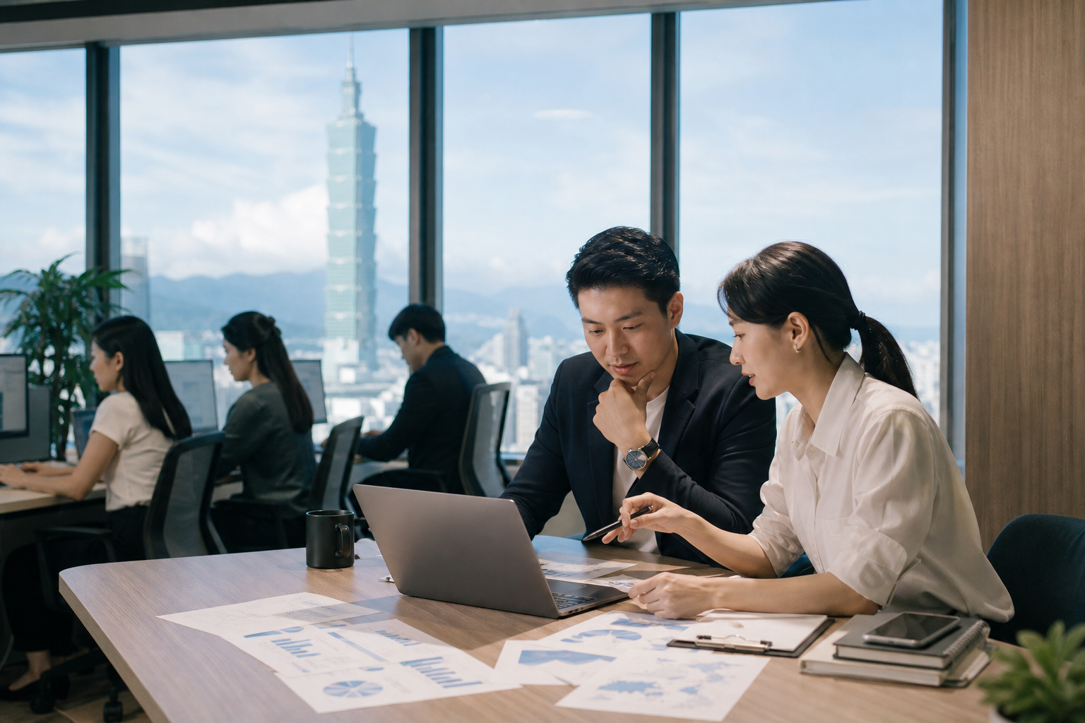 Depict a realistic Taiwanese office meeting environment focused on improving decision-making, featuring a meeting host, a note-taker, and a follow-up tracker in a business context with subtle data flow visuals.