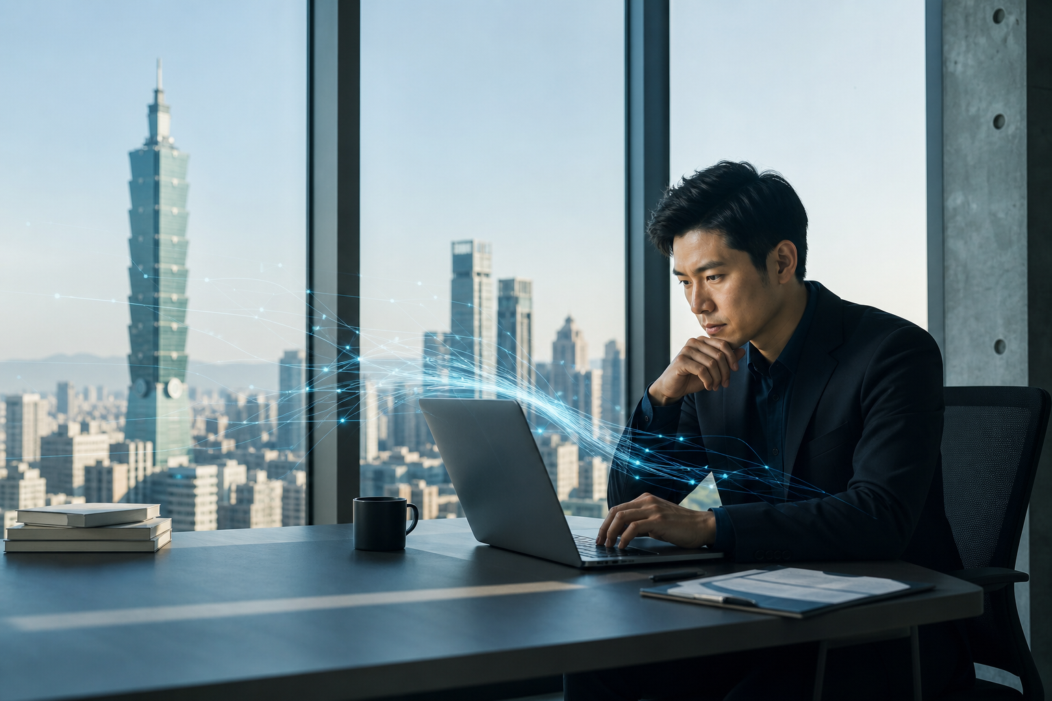 Visualize a professional Taiwanese workplace environment showing East Asian business workers managing sensitive data flows and information security before AI model processing, emphasizing the caution in handling data in enterprise AI workflows.