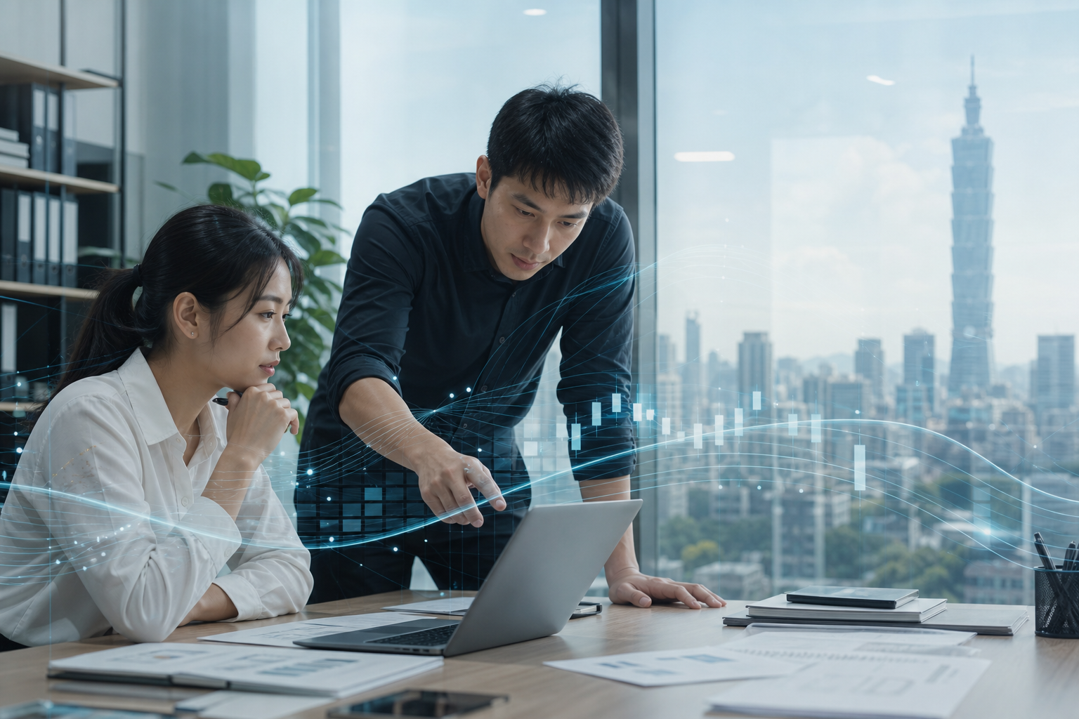 Editorial hero image showing Taiwanese or East Asian business workers in a realistic workplace engaged in AI agent and automation workflow tasks with data-flow elements in the background, illustrating tool use, input validation, and execution in an integrated process relevant to SMEs.