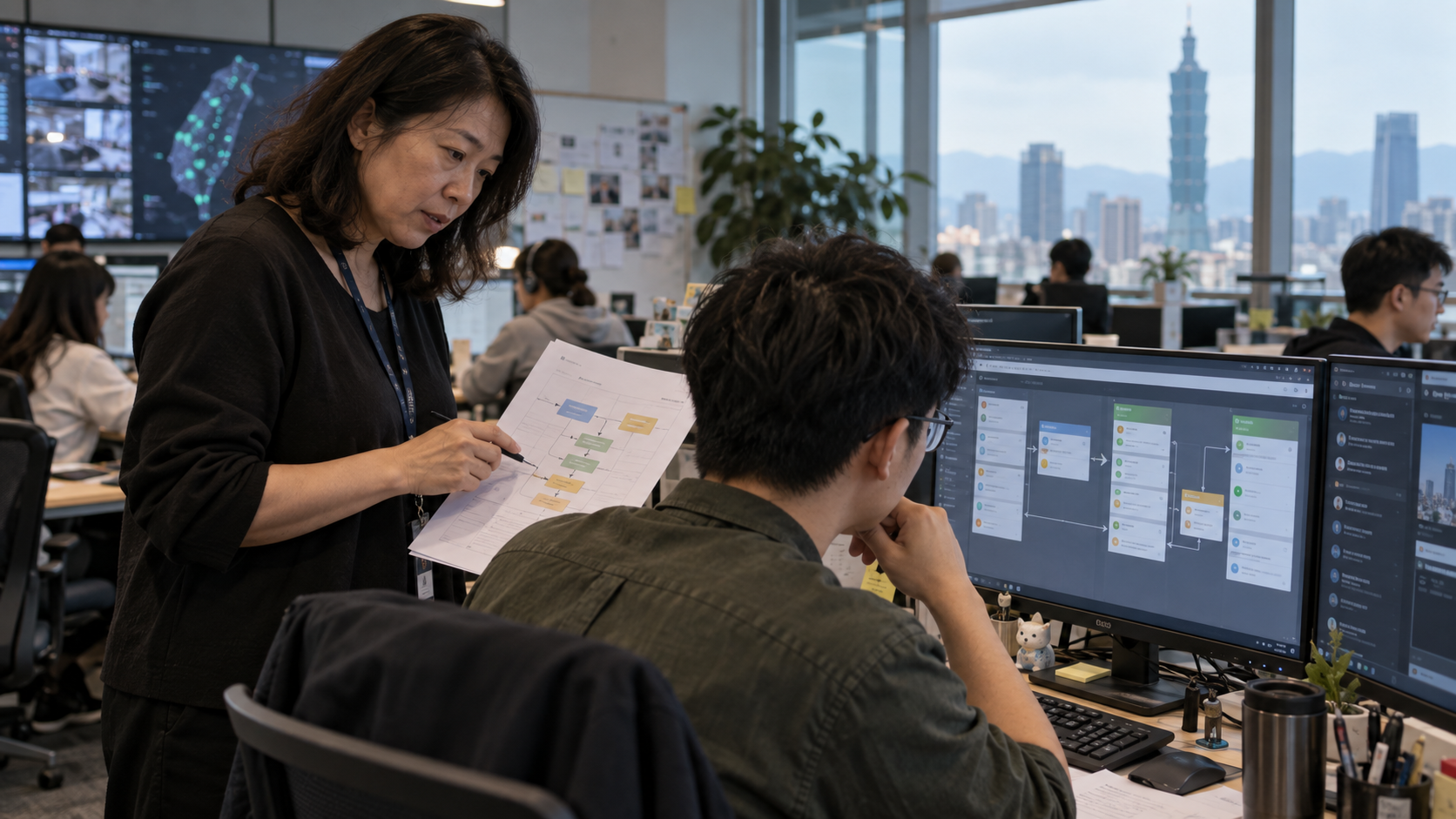 AI 生成情境照:台灣客服營運團隊核對紙本流程與電腦任務狀態