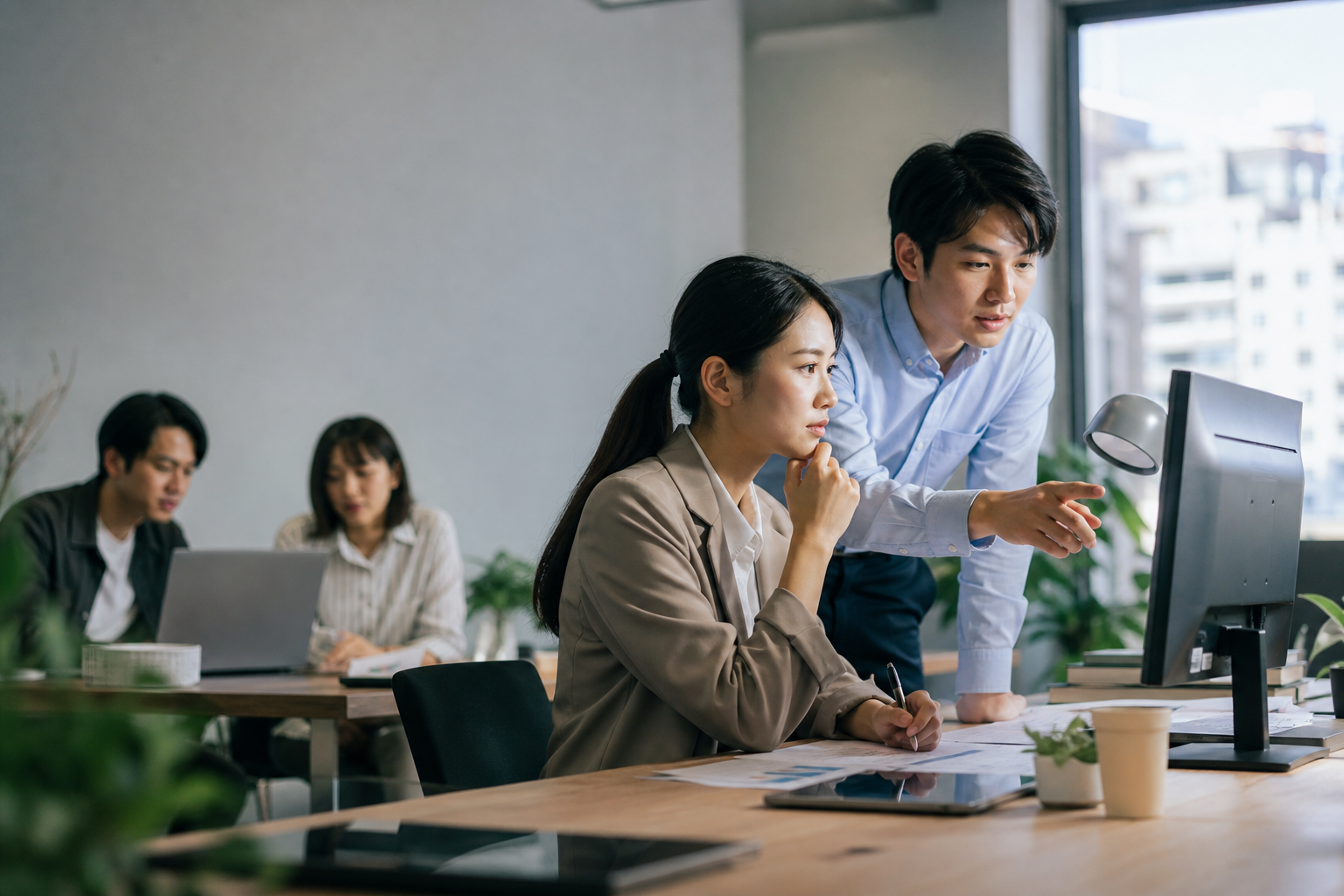 Editorial hero image depicting Taiwanese or East Asian business professionals in modern office reviewing social media drafts with AI automation tools, reflecting data flow and workplace collaboration relevant to AI-assisted social media content review processes in Taiwan business context.