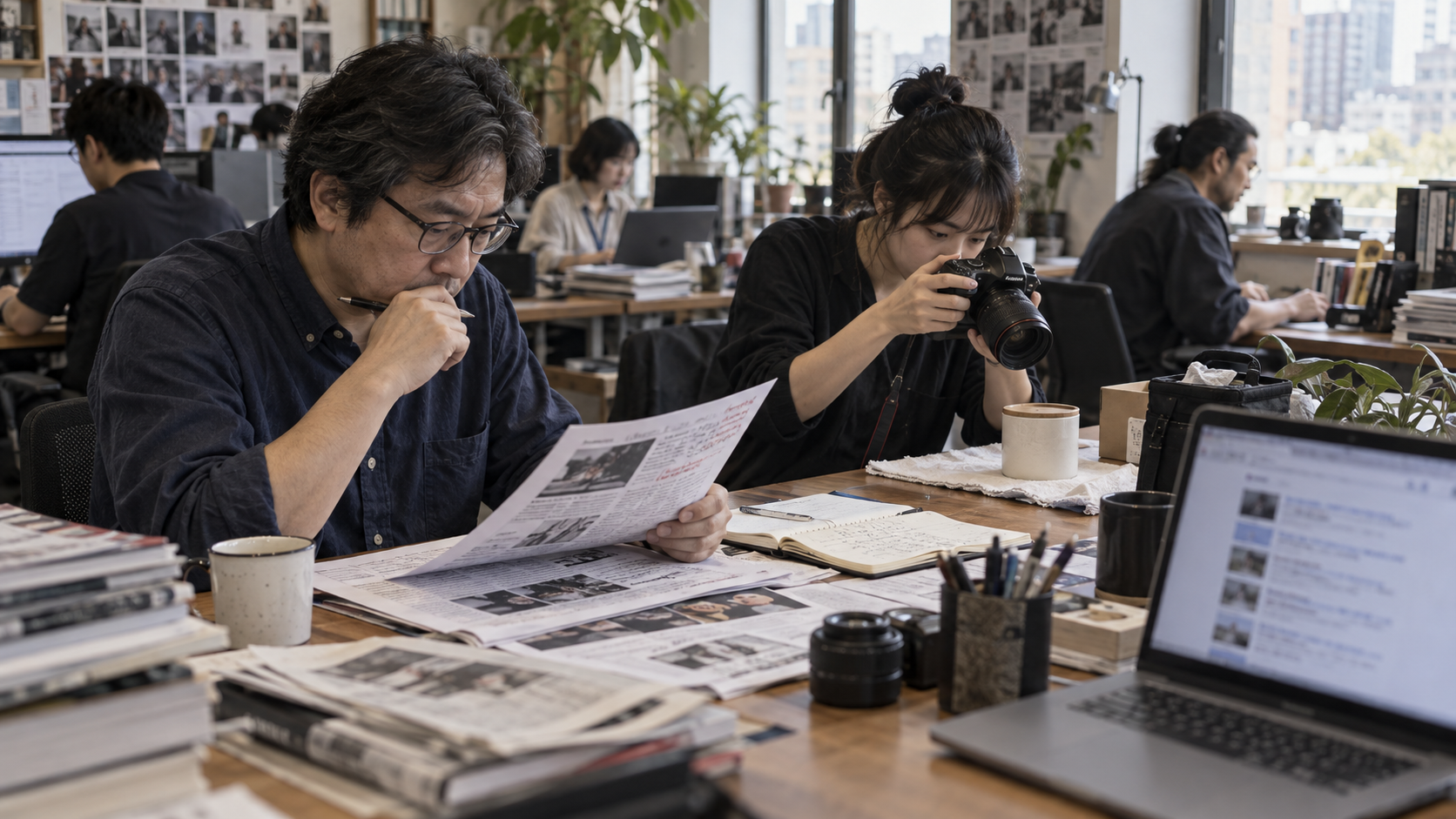 AI 生成新聞情境照:數位編輯核對紙本稿件與拍攝資料,討論 AI 搜尋時代的網站內容