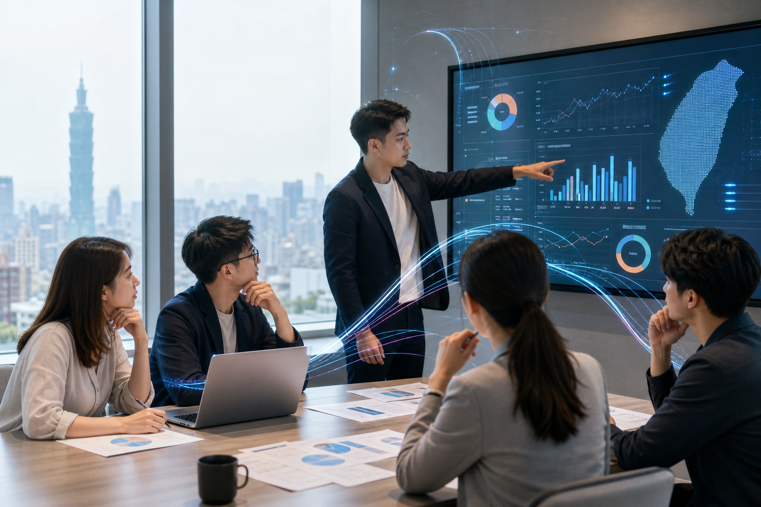 Illustration showing a Taiwanese marketing team in a realistic office setting analyzing social media KPIs with data visualizations and workflow cues