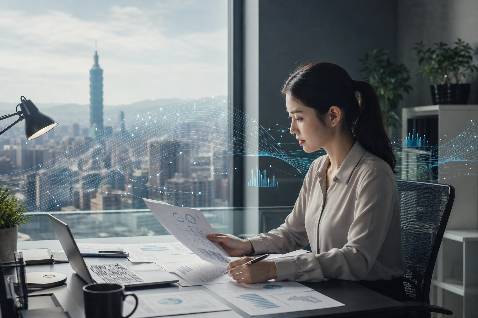 An editorial hero image depicting a realistic Taiwanese office environment where East Asian business workers interact with AI tools to produce content, showing data-flow elements subtly integrated into the workplace to indicate AI-driven content creation processes.