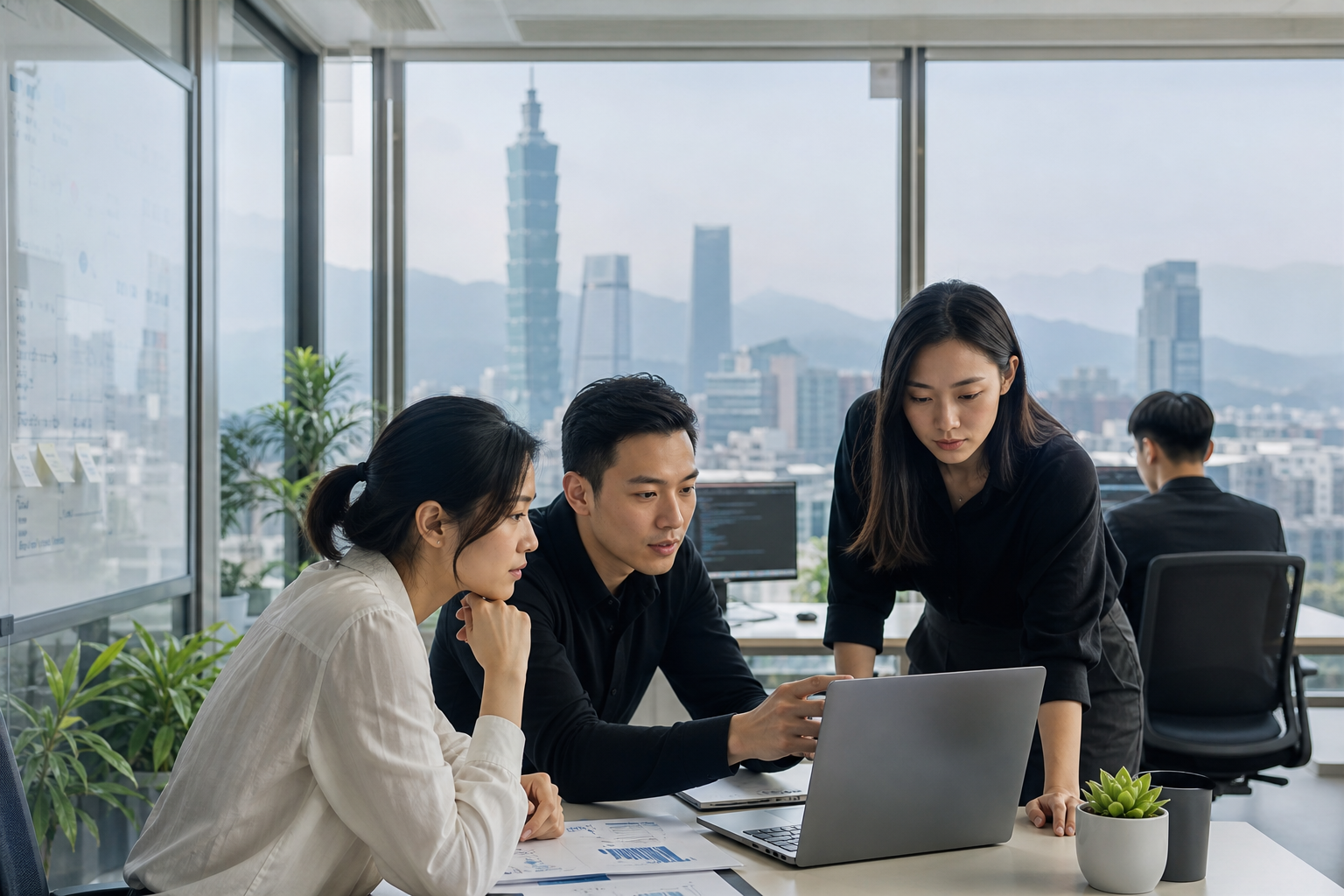 Illustration of a Taiwanese business office environment showing AI and mathematics professionals collaborating with digital data flows emphasizing AI result review and communication