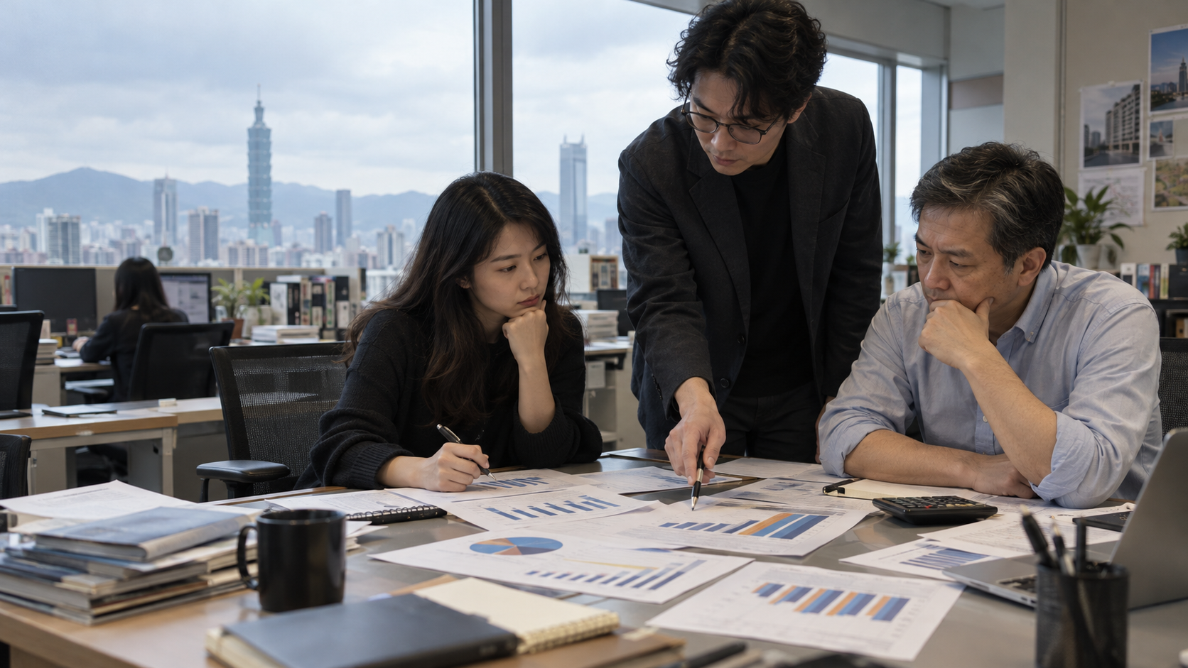 台北編輯室三名分析人員對照財務圖表的 AI 生成新聞情境圖。