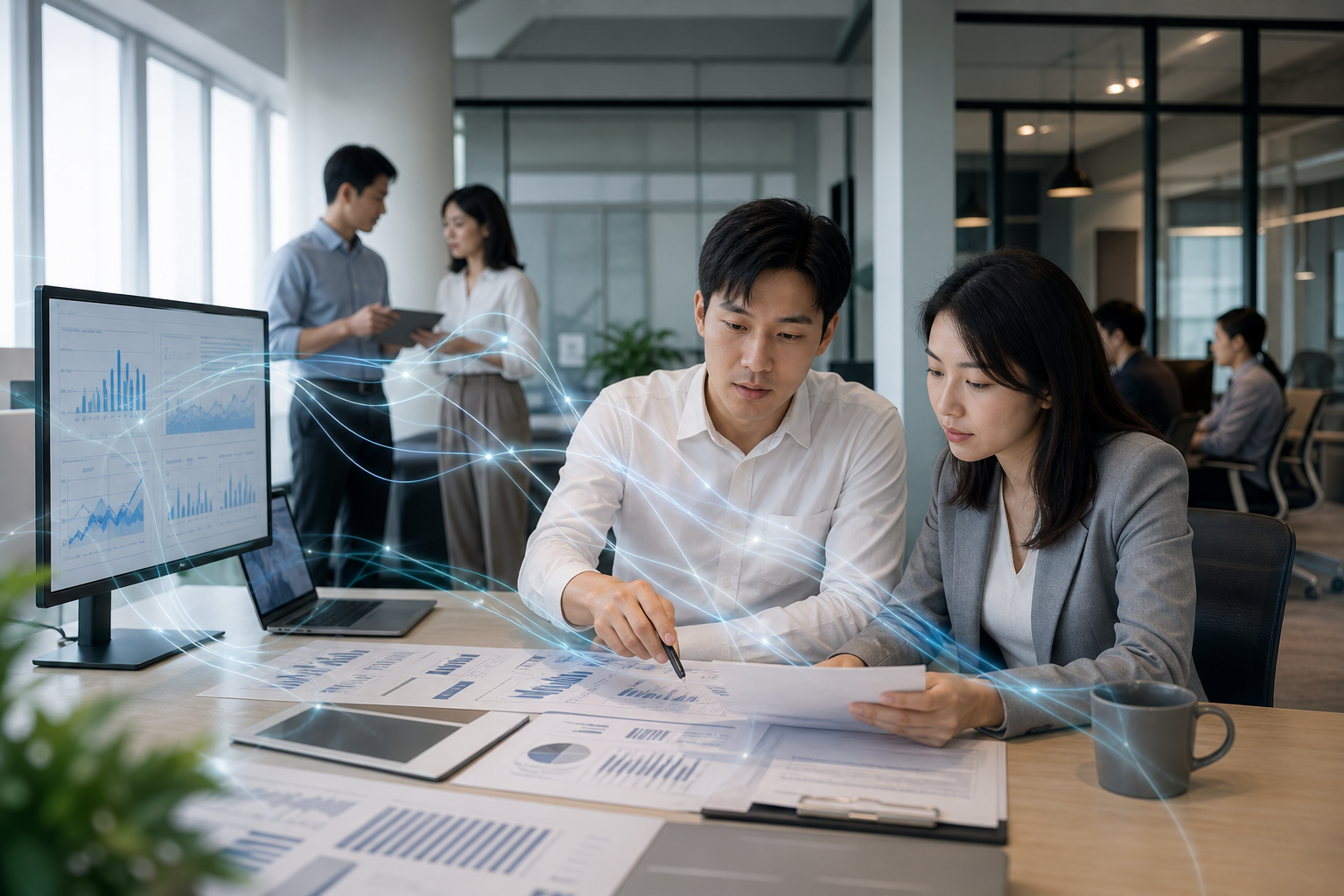 An editorial hero image for the article about measuring AI implementation effectiveness in Taiwanese workplaces, showing Taiwanese/East Asian business workers collaborating around digital data-flow visuals in a realistic office environment.