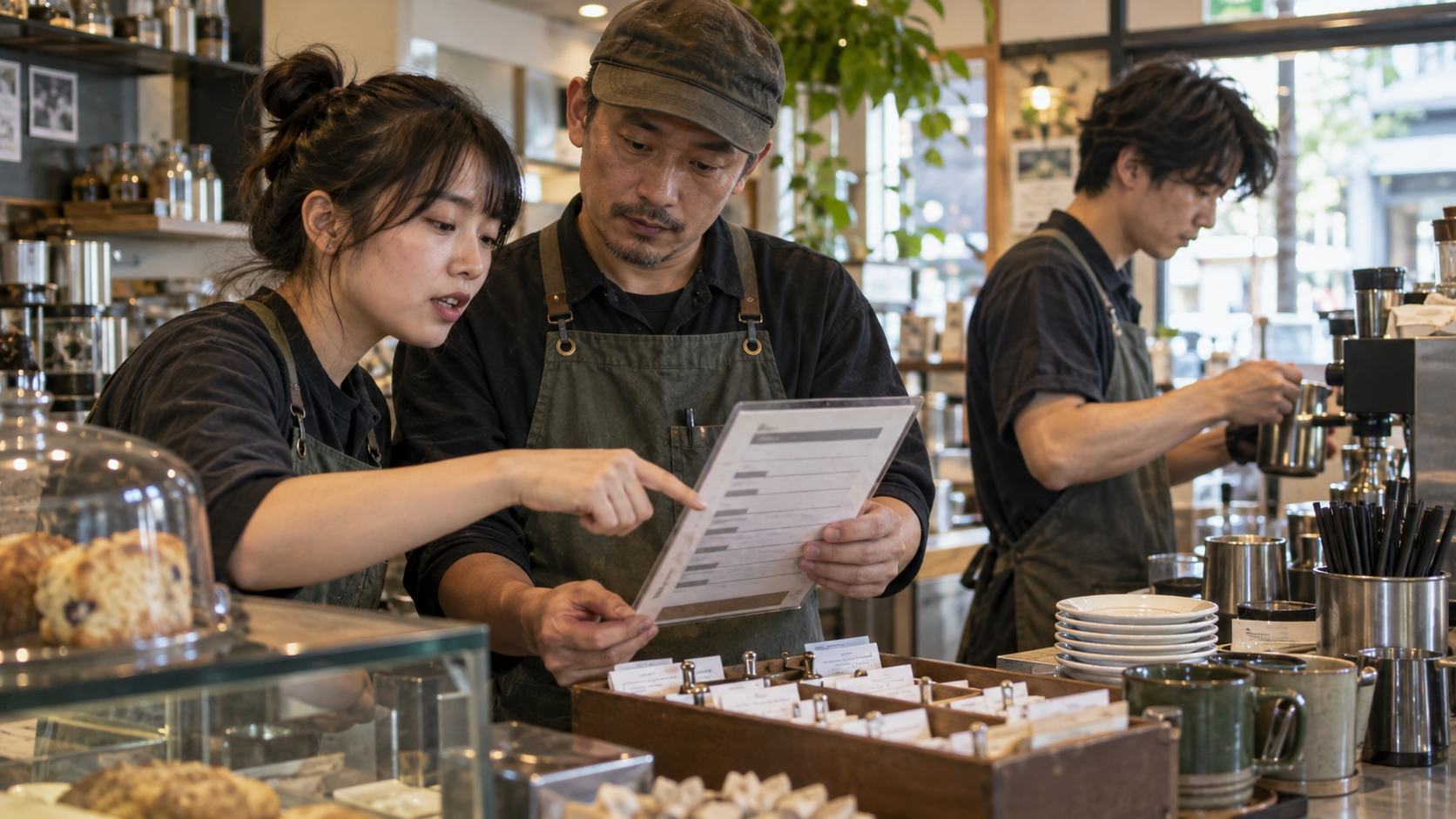 AI 生成新聞情境照:咖啡店三位員工交接班,使用簡短流程卡核對訂單與例外狀況