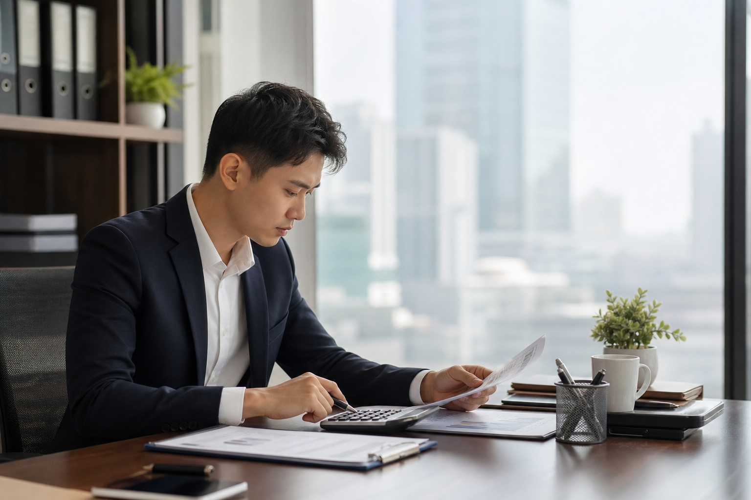 An East Asian business professional in a modern Taiwanese office using digital tools to calculate costs and plan client delivery for template preparation, showing a realistic, data-driven workplace environment.
