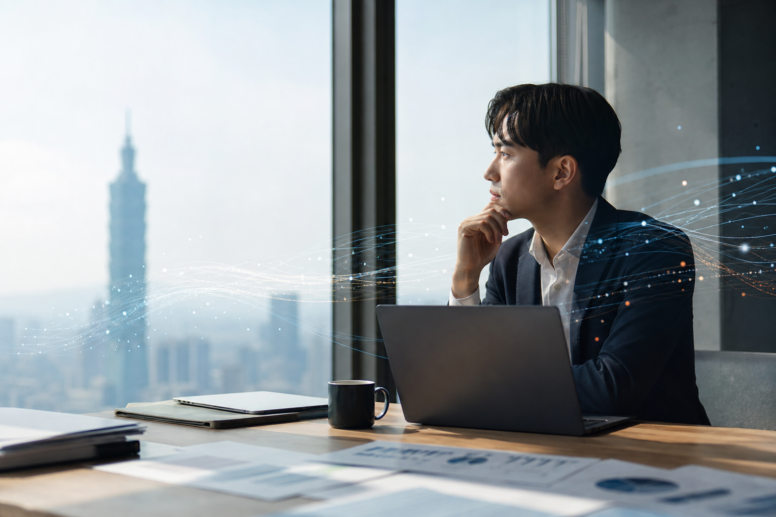 Depict Taiwanese business professionals collaborating in an office workspace with visual cues of AI data flow and task delegation, reflecting realistic workplaces and business usage context.