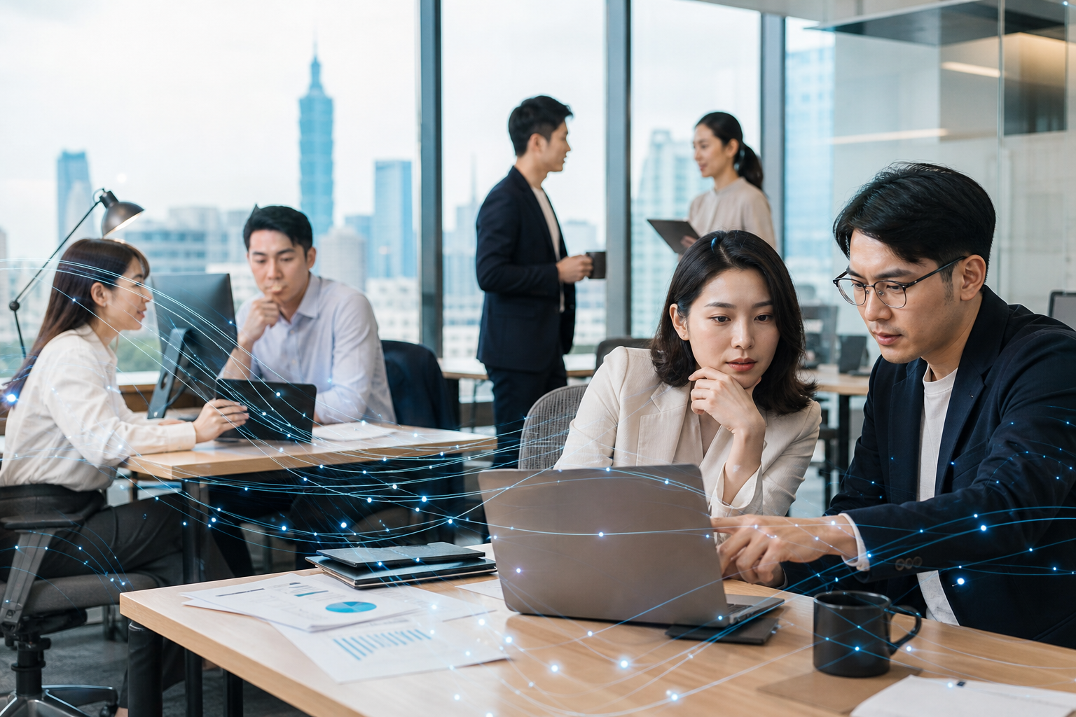 An editorial hero image showing Taiwanese and East Asian business professionals in a modern office setting using AI tools for data organization, with subtle data flow visualization, conveying practical AI tool usage for business analytics.