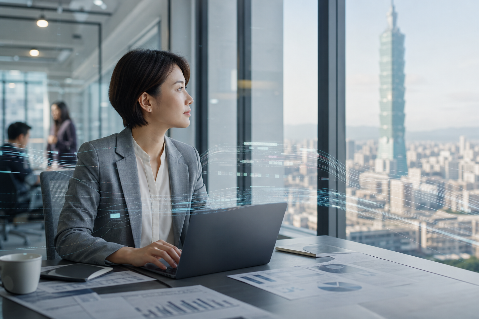 A realistic editorial hero image showing Taiwanese business professionals engaged in a collaborative office environment, featuring subtle visual cues of data flow on transparent screens or digital interfaces, representing knowledge retrieval and data access permissions in a commercial workplace context relevant to Taiwan.