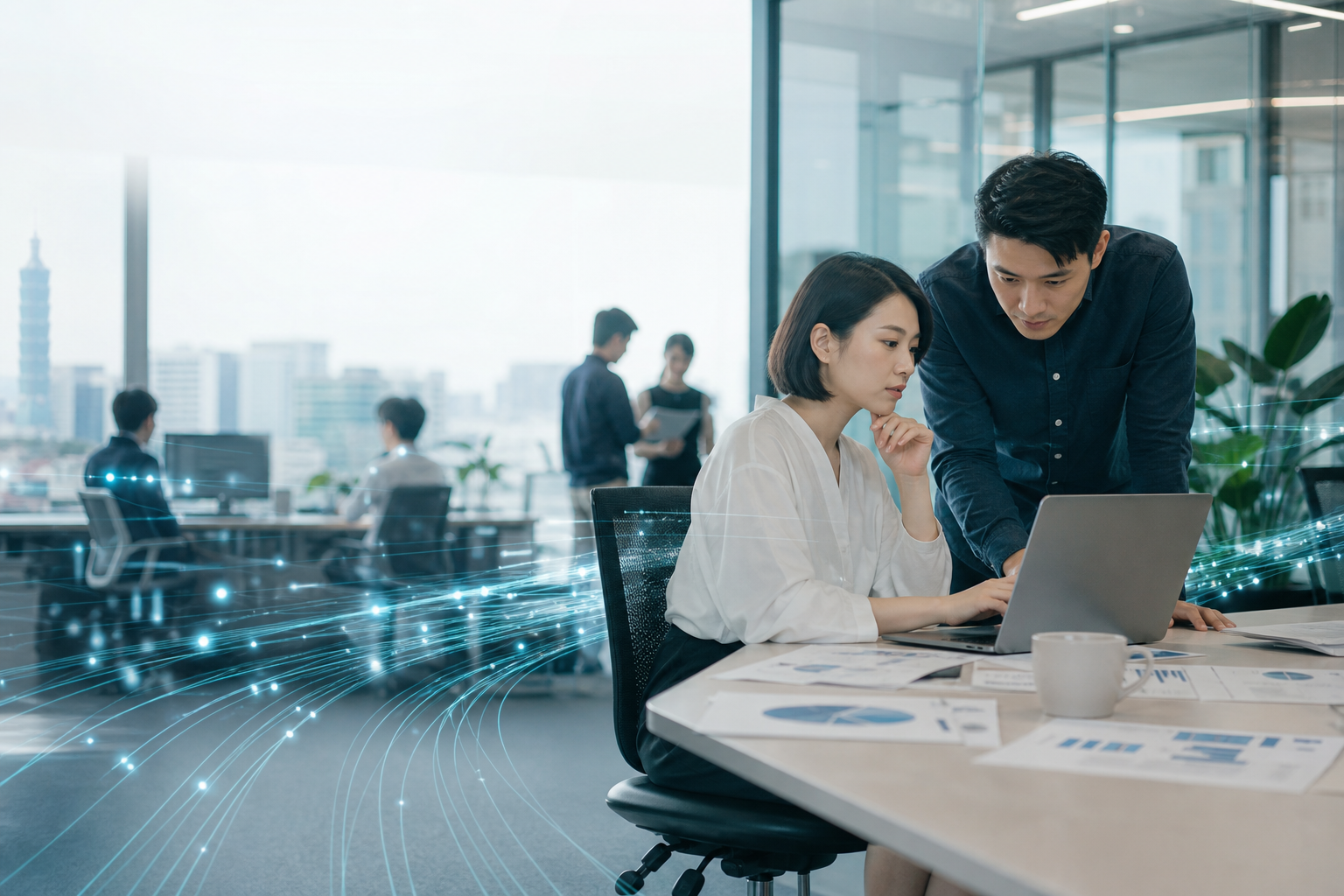 Taiwanese business professionals collaborating in an office environment with graphical data flow overlays indicating secure AI-powered workflow and compliance management