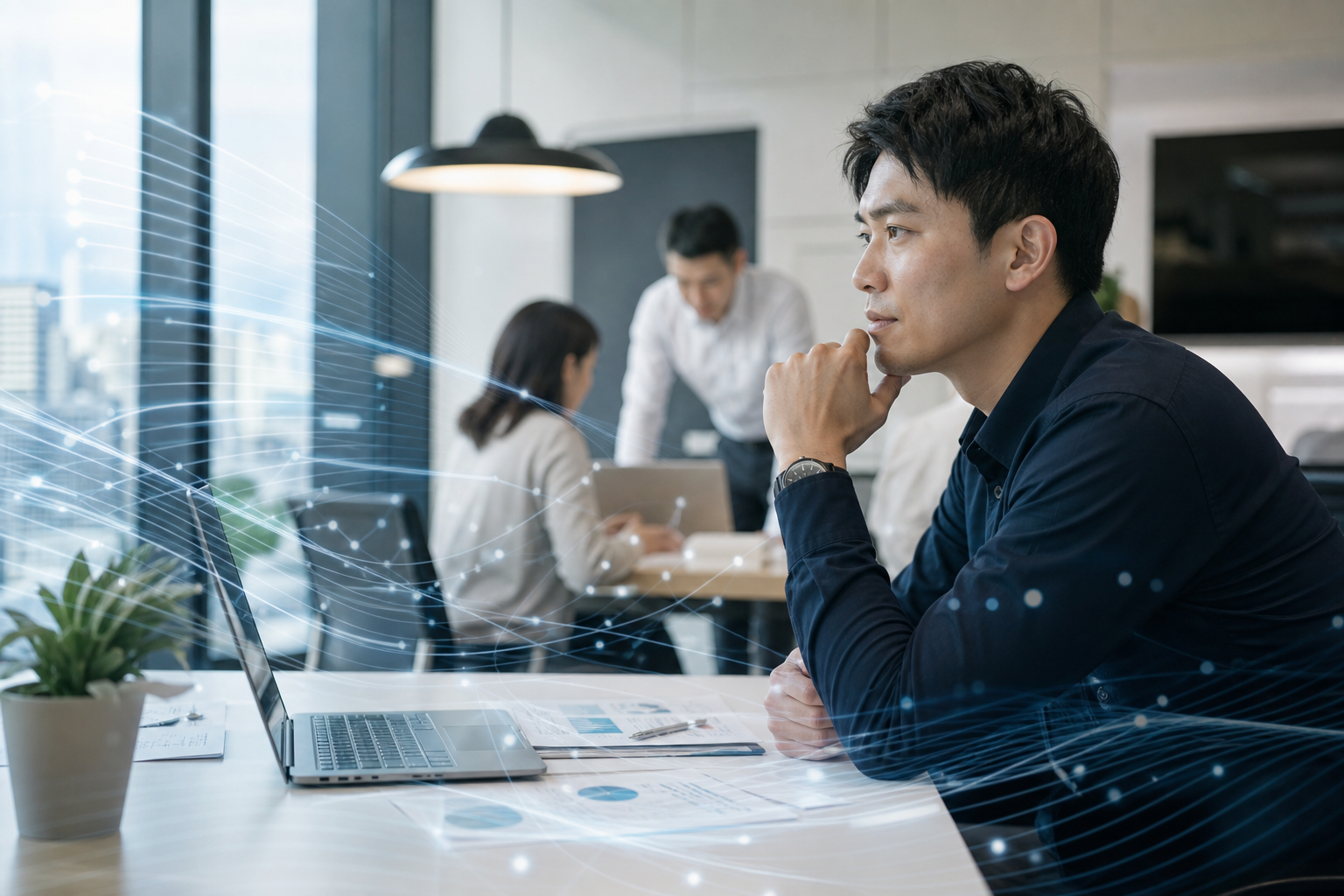 Editorial hero image of Taiwanese business workers in a modern office using AI-powered automated business tracking, showing data flow hints and workplace environment