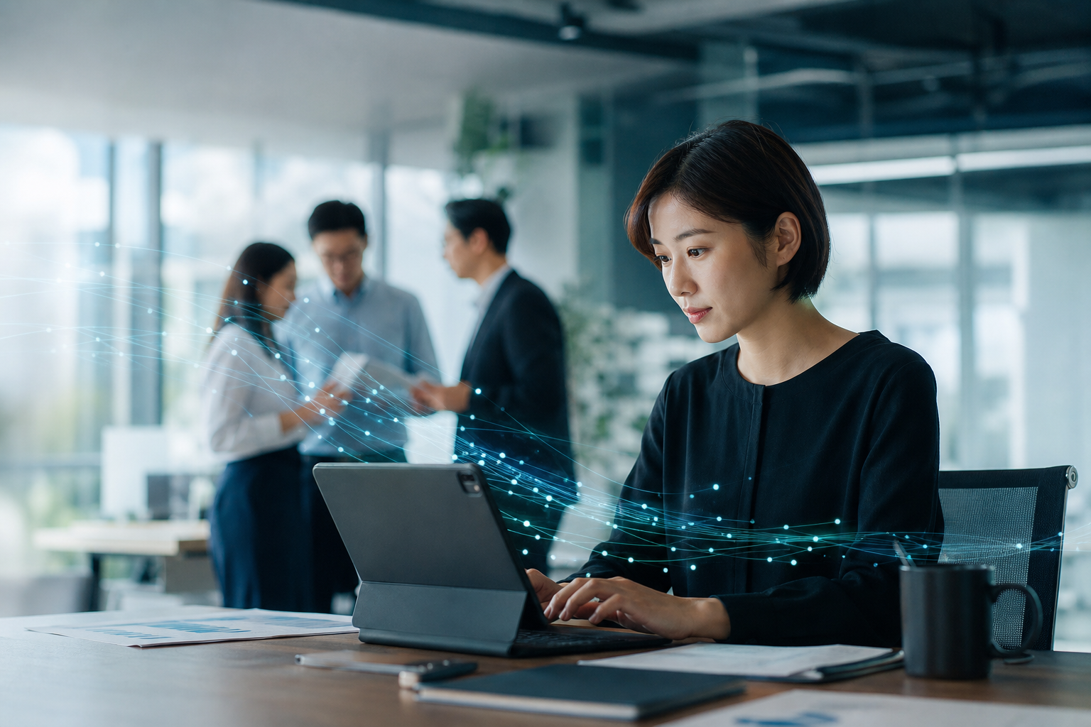 Realistic image of Taiwanese business professionals in an office environment engaging with AI-driven form automation tools, visual data flows subtly integrated