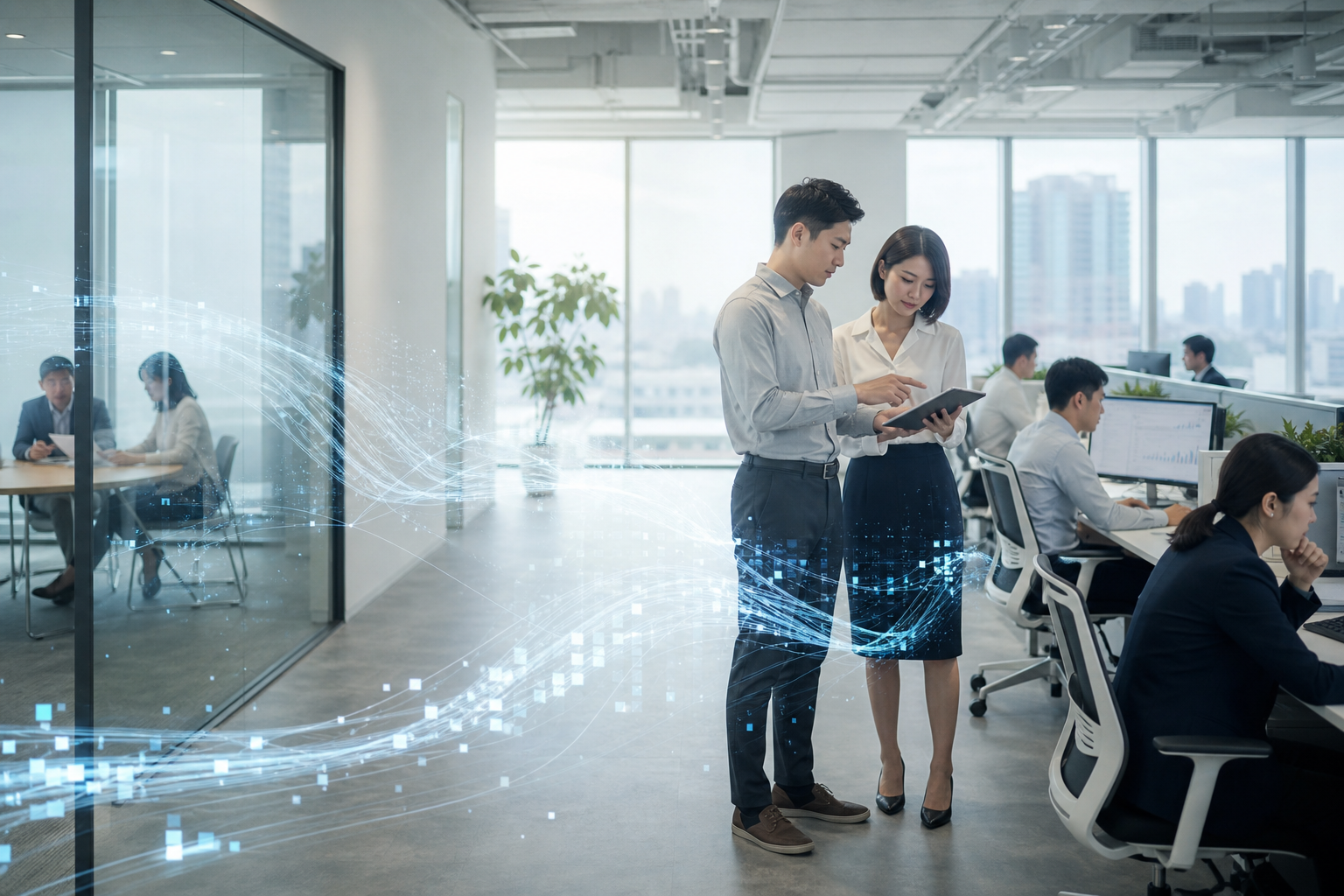 Illustration showing Taiwanese business workers using AI-powered meeting summary automation with human review