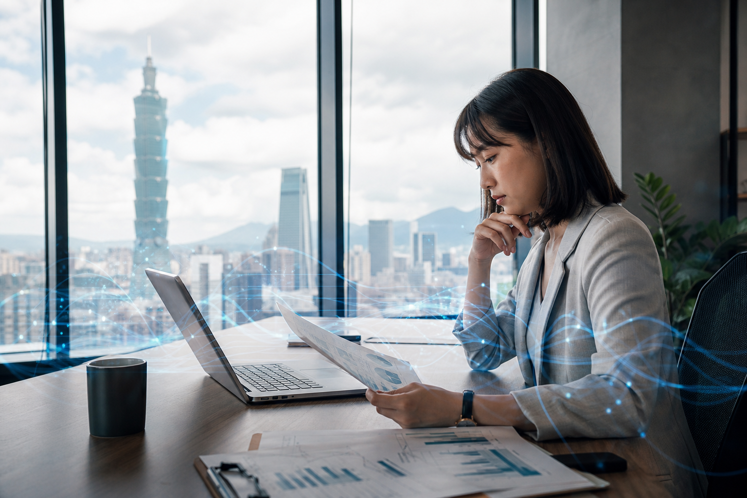 Editorial hero image showing Taiwanese business workers in a modern workplace with visual elements signifying data flow and secure AI integration relevant to government modernization and AI research.