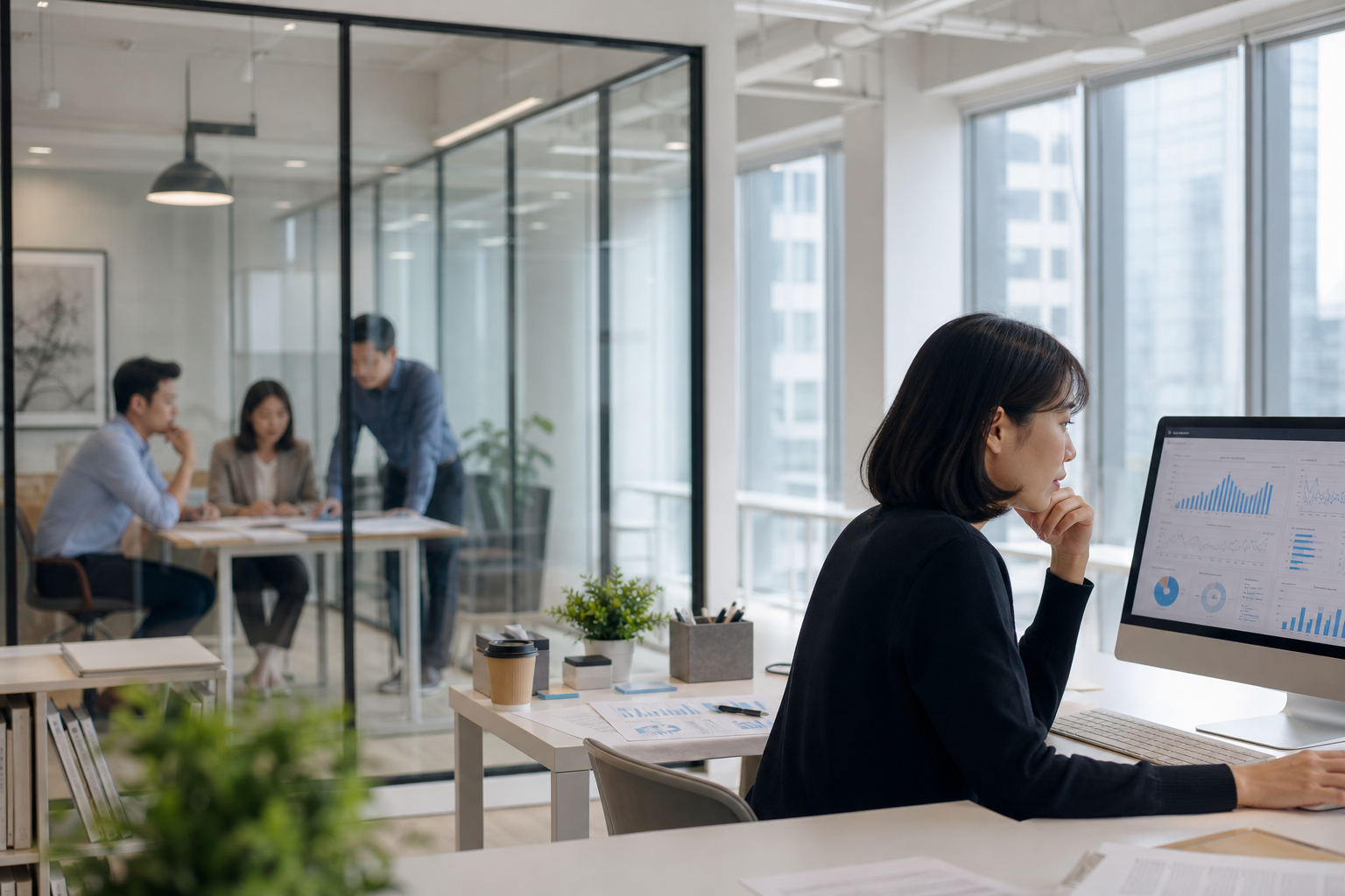 Illustration of a Taiwanese marketing team discussing and evaluating content marketing KPIs with data flow elements, in a realistic office workplace setting.