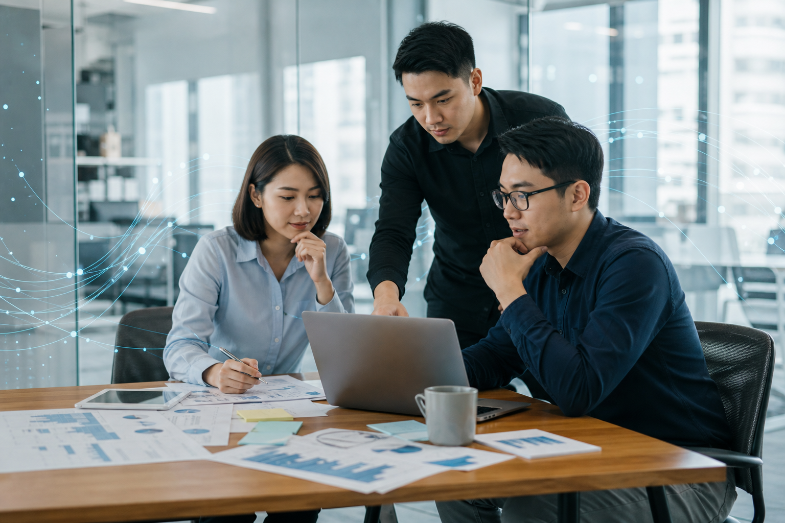 Illustration showing Taiwanese business professionals collaborating in an office with data-flow elements to represent subscription service planning for a solo company.