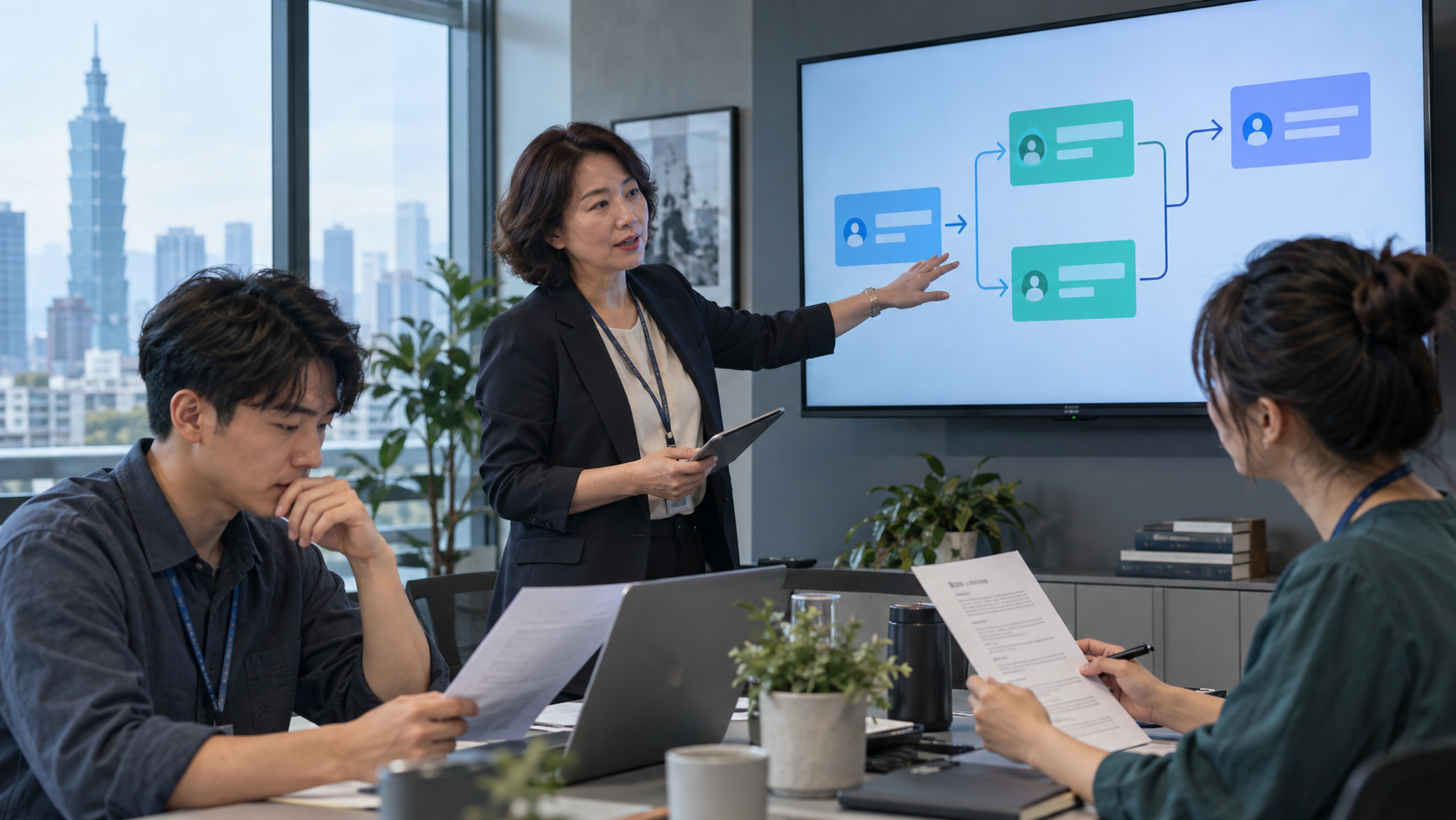 台北企業團隊在會議室檢查任務流程與權限文件的 AI 生成情境圖。